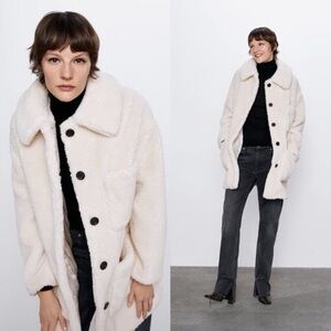 Zara - Oversized Faux Fur Fleece Teddy Coat in Ecru (S)